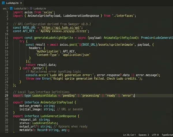 VS Code editor showing a TypeScript module for the Ludo API