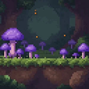 Pixel-art purple mushroom forest