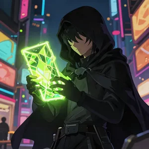 Hooded anime figure in a neon city
