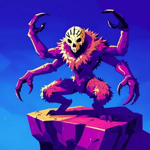 Stylised purple monster on rocky platform