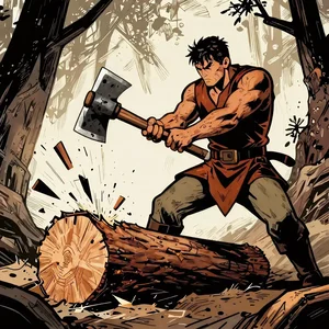 Comic-book lumberjack splitting a log