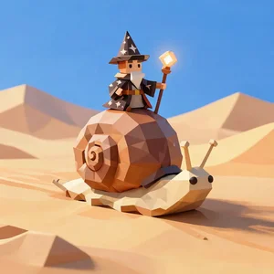 Low-poly wizard riding a snail