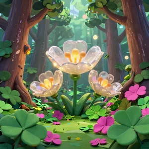 Glowing painted flowers in a forest clearing