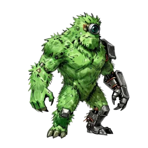 Hulking green creature with cybernetic arm
