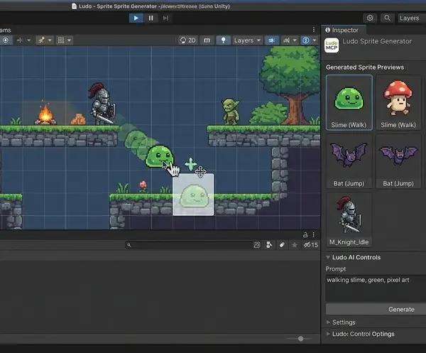 Unity editor with the Ludo Sprite Generator panel